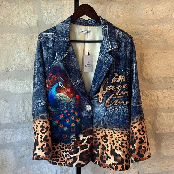 Peacock Print Denim Blazer - Picture 1 of 6